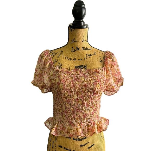 Iris Floral Ruffle Sleeve Ruched Crop Top Size Large NWOT 10 370 - Picture 6 of 6